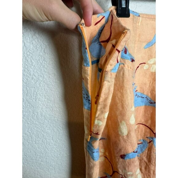 Anthropologie Meadow Rue Skirt Size 14 Linen Knee Length Peach Blue Bird A Line - Picture 7 of 9